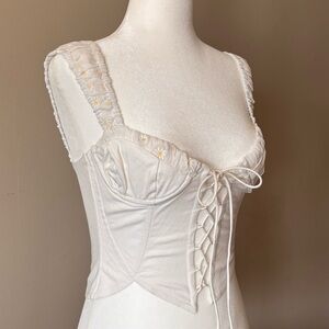 For Love And Lemons White Cotton Corset Blouse with Daisy Embroidery